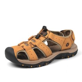 Summer new men's first layer cowhide overhead sandals comfortable outdoor casual men's sandals (Color: Light brown, size: 48)