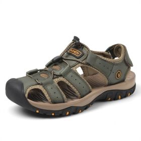 Summer new men's first layer cowhide overhead sandals comfortable outdoor casual men's sandals (Color: Dark green, size: 41)