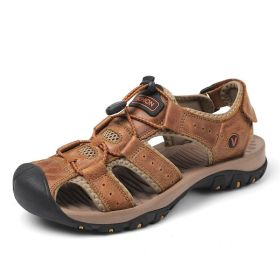 Summer new men's first layer cowhide overhead sandals comfortable outdoor casual men's sandals (Color: Brown, size: 41)