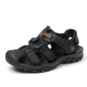 Summer new men's first layer cowhide overhead sandals comfortable outdoor casual men's sandals (Color: Black, size: 45)