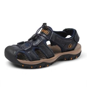 Summer new men's first layer cowhide overhead sandals comfortable outdoor casual men's sandals (Color: Blue, size: 46)
